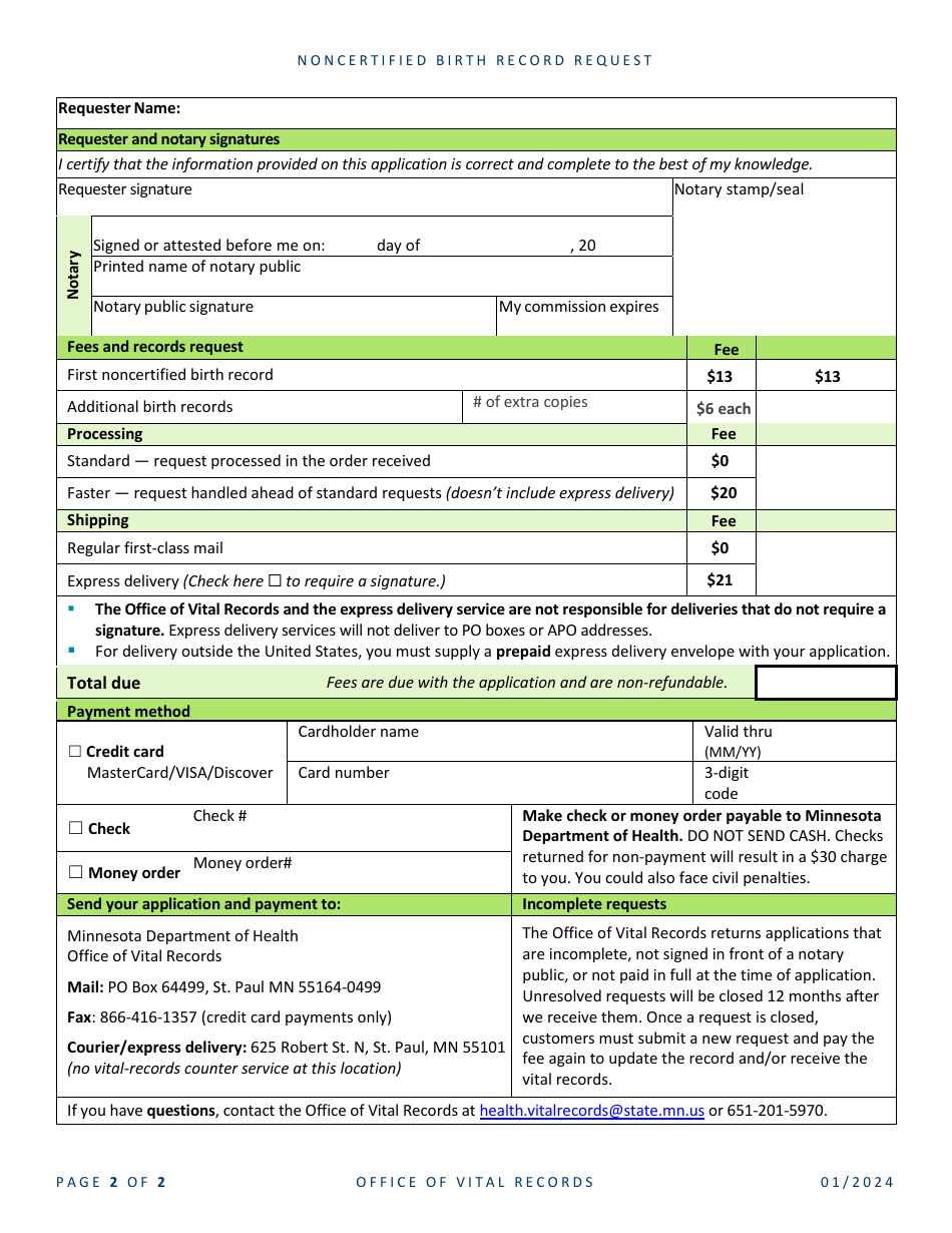Noncertified Birth Record Request - Minnesota, Page 2