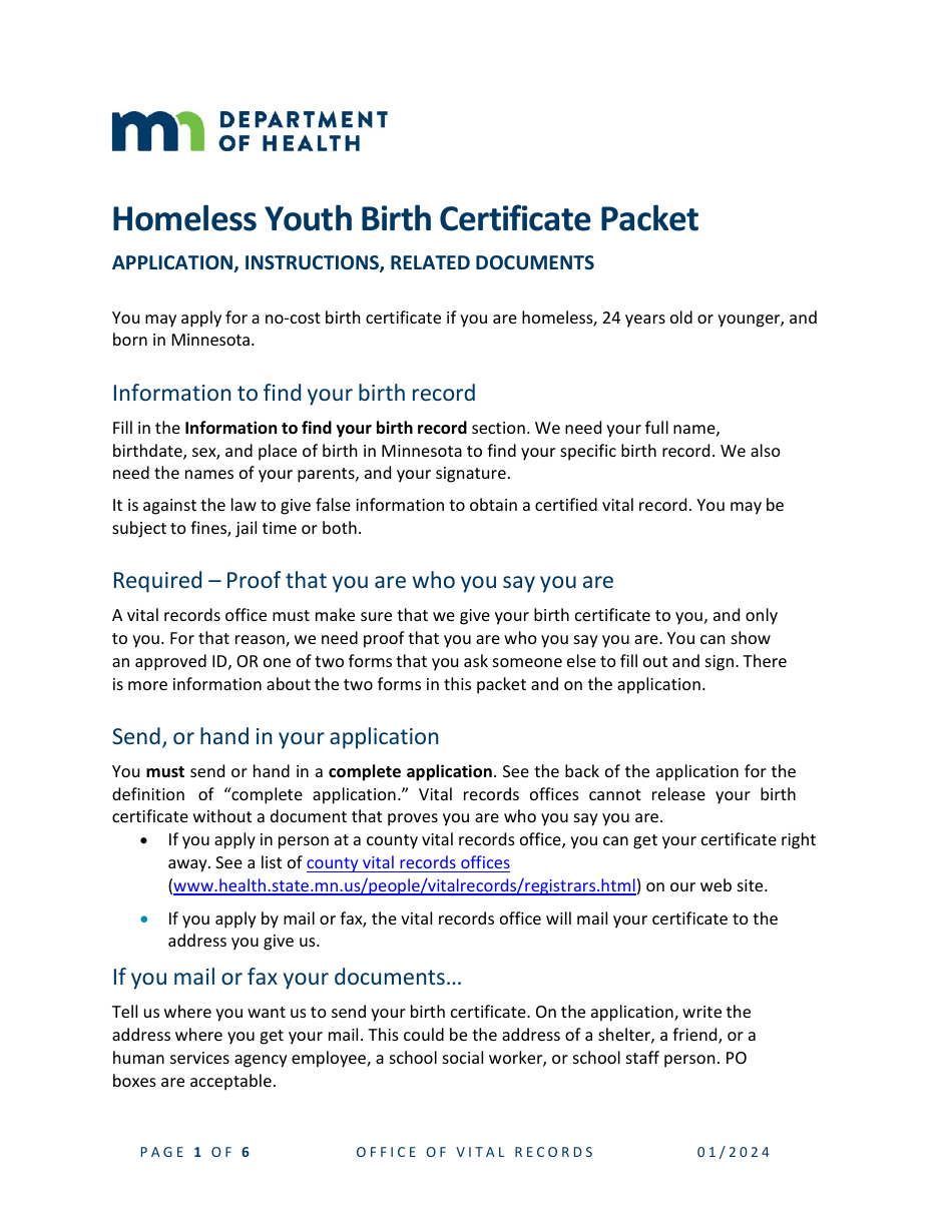 Homeless Youth Birth Certificate Request - Minnesota, Page 1