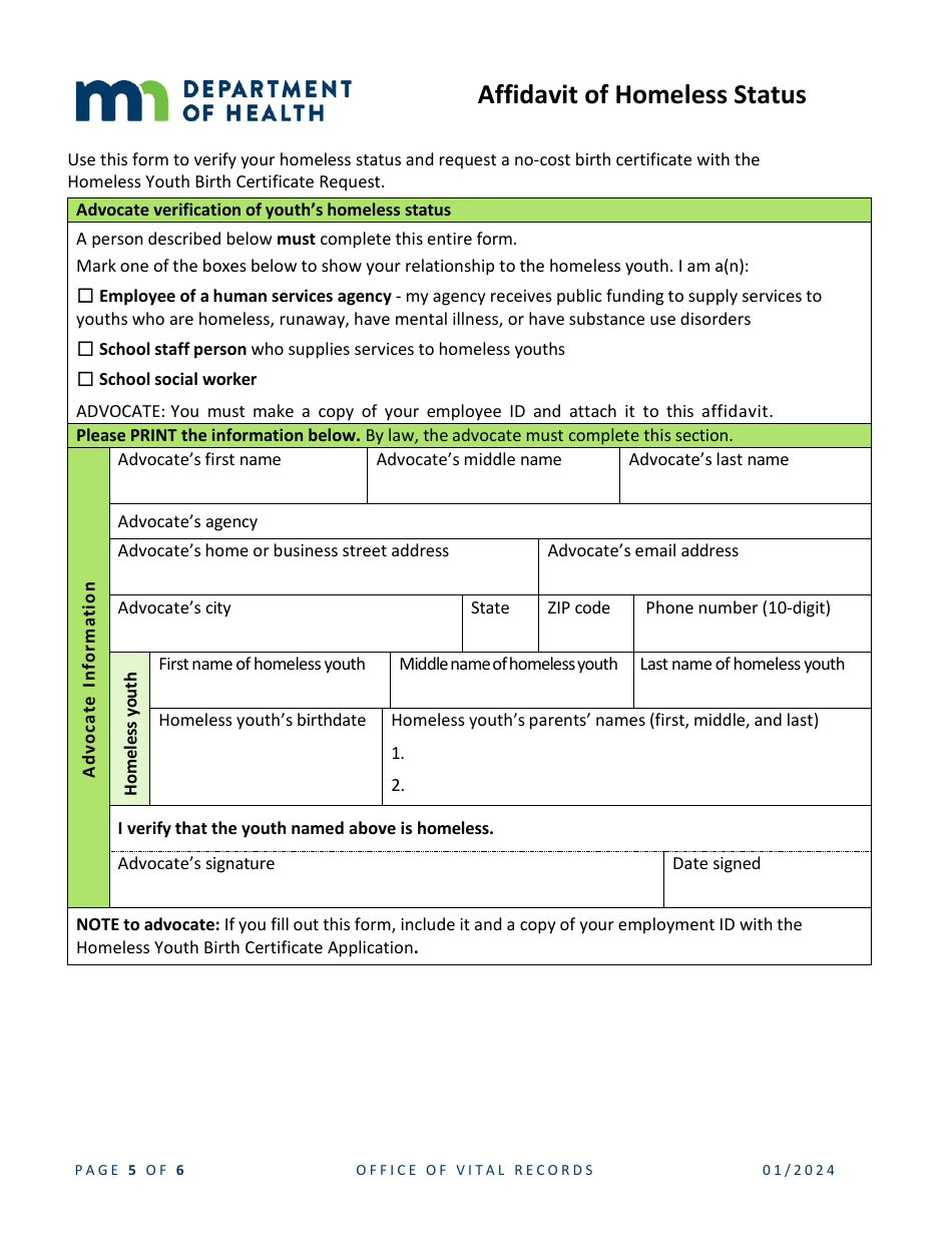 Homeless Youth Birth Certificate Request - Minnesota, Page 5