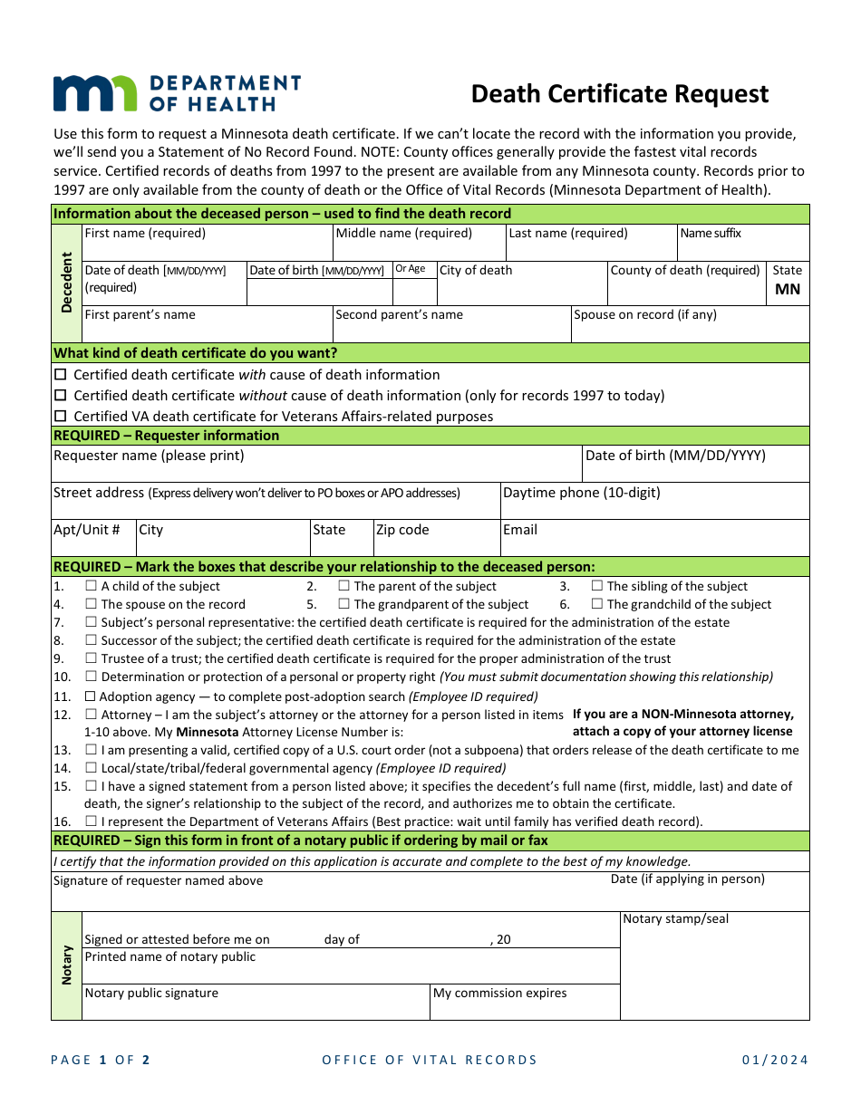 Minnesota Death Certificate Request Fill Out, Sign Online and