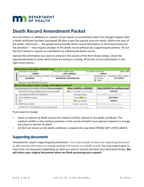 Death Record Amendment Request - Minnesota Download Pdf