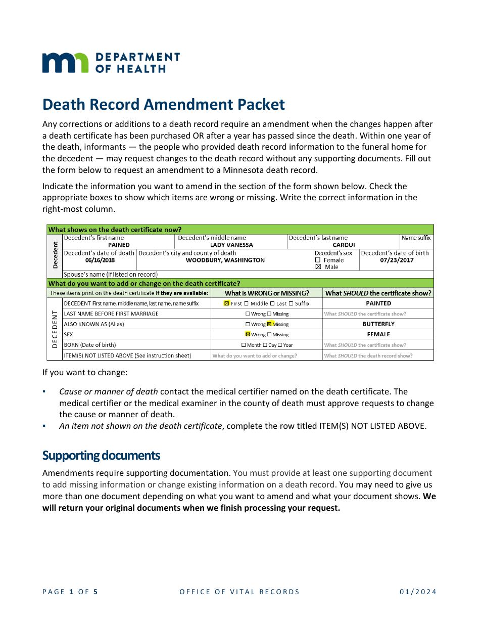 Death Record Amendment Request - Minnesota, Page 1