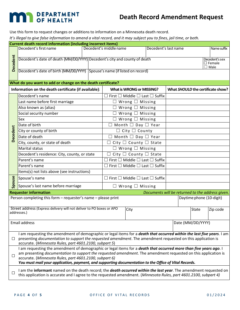 Death Record Amendment Request - Minnesota, Page 4
