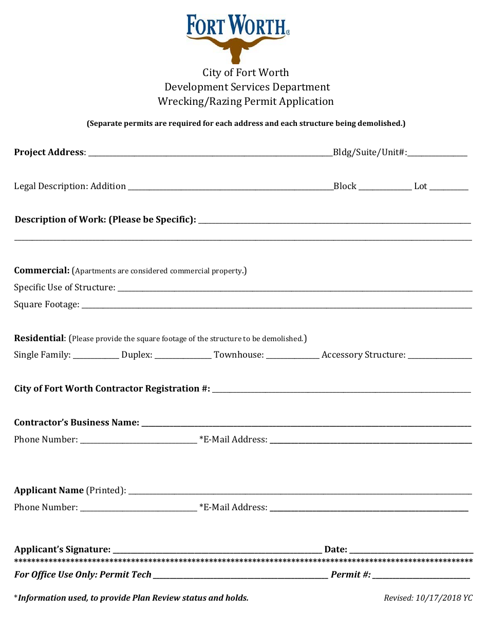 Wrecking / Razing Permit Application - City of Fort Worth, Texas, Page 2