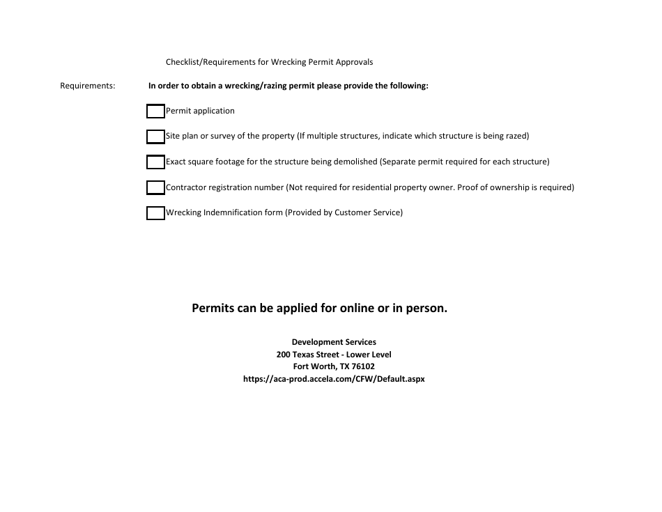 City of Fort Worth, Texas Wrecking/Razing Permit Application Fill Out