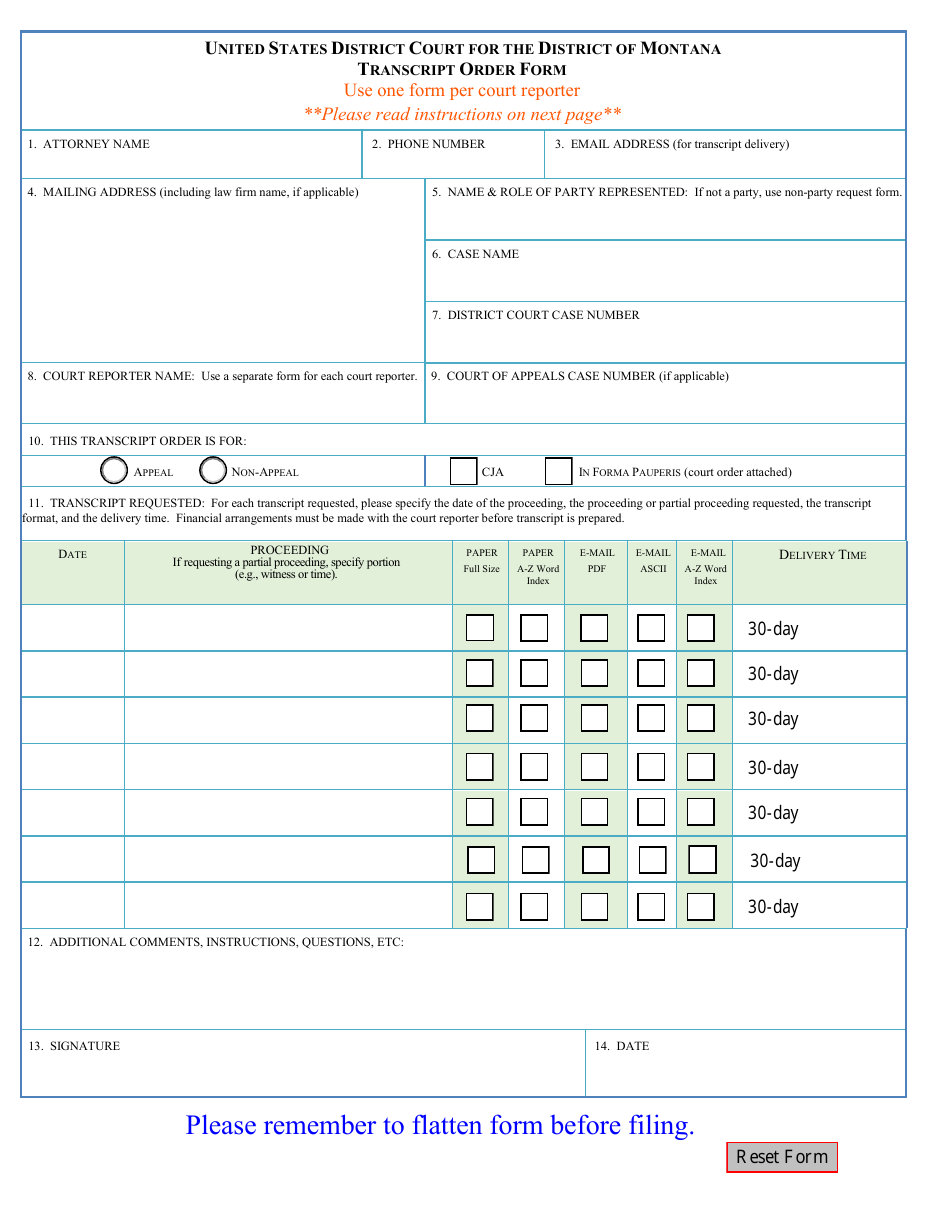 Transcript Order Form - Montana, Page 1