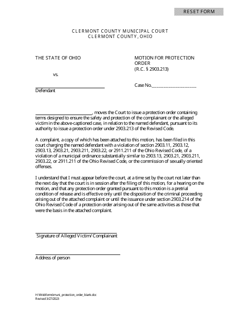 Motion for Protection Order - Clermont County, Ohio Download Pdf