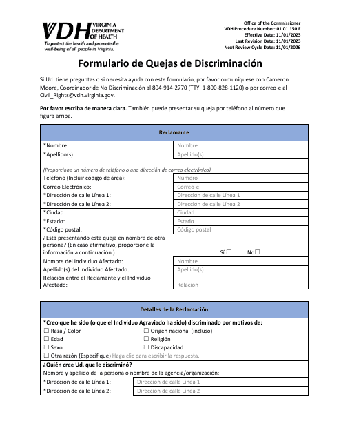 Formulario 01.01.150 Formulario De Quejas De Discriminacion - Virginia (Spanish)