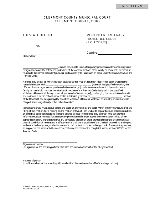 Motion for Temporary Protection Order - Clermont County, Ohio Download Pdf