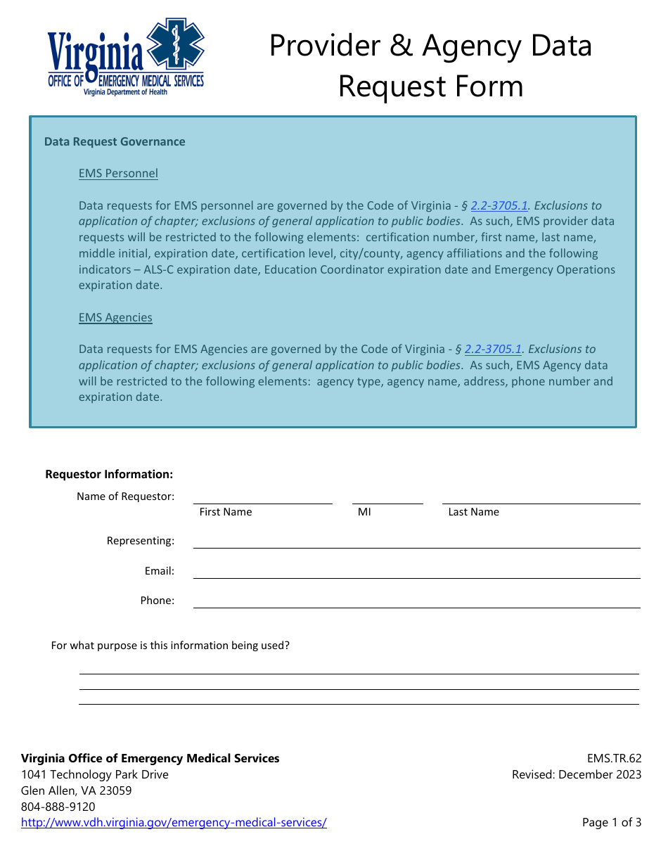 Form EMS.TR.62 Provider  Agency Data Request Form - Virginia, Page 1