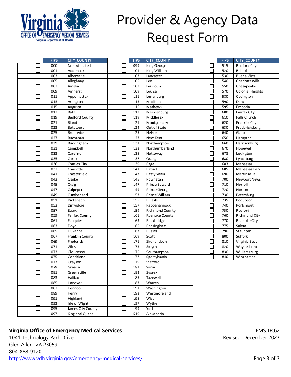 Form EMS.TR.62 Provider  Agency Data Request Form - Virginia, Page 3