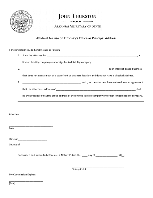 Affidavit for Use of Attorney's Office as Principal Address - Arkansas Download Pdf