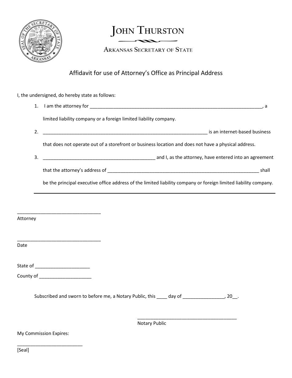 Affidavit for Use of Attorneys Office as Principal Address - Arkansas, Page 1