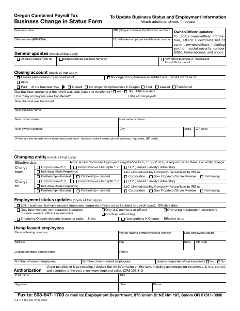 Form 150-211-156 Business Change in Status Form - Oregon