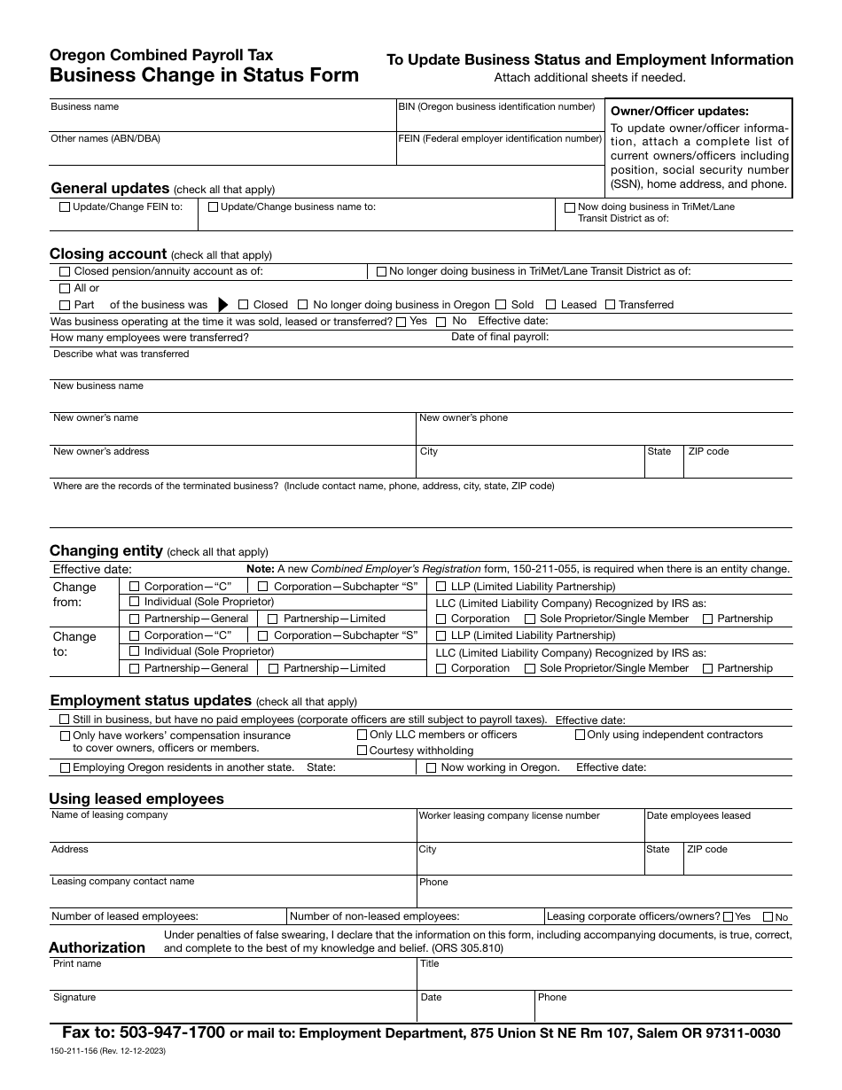 Form 150-211-156 Business Change in Status Form - Oregon, Page 1