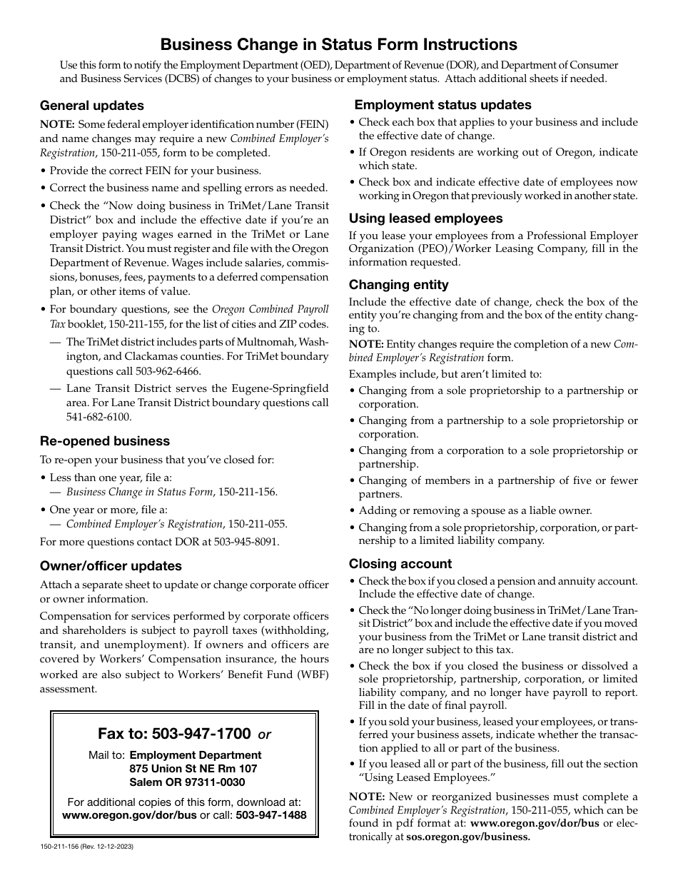 Form 150-211-156 Download Printable PDF or Fill Online Business Change ...