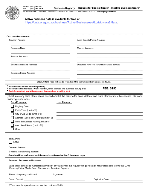 Form 603 Business Registry - Request for Special Search - Inactive Business Search - Oregon