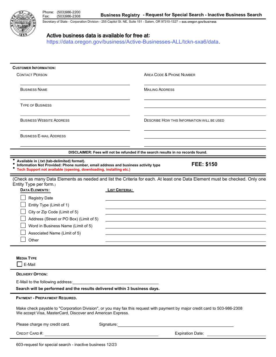 Form 603 Business Registry - Request for Special Search - Inactive Business Search - Oregon, Page 1