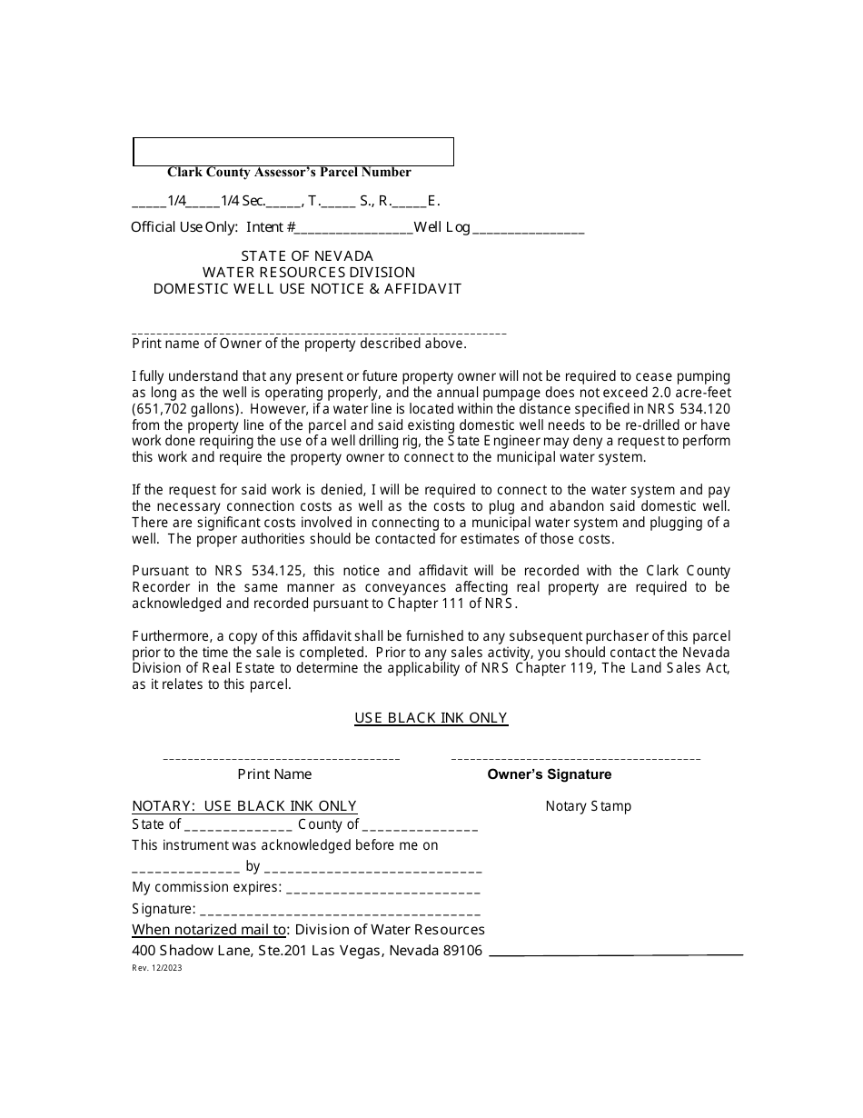 Domestic Well Use Notice  Affidavit - Nevada, Page 1