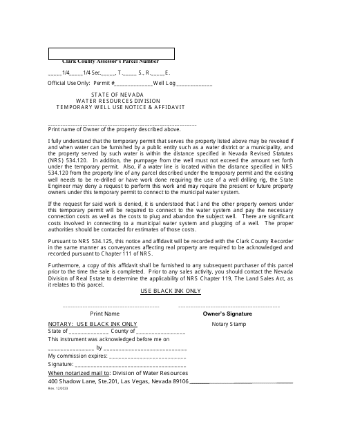 Temporary Well Use Notice & Affidavit - Nevada