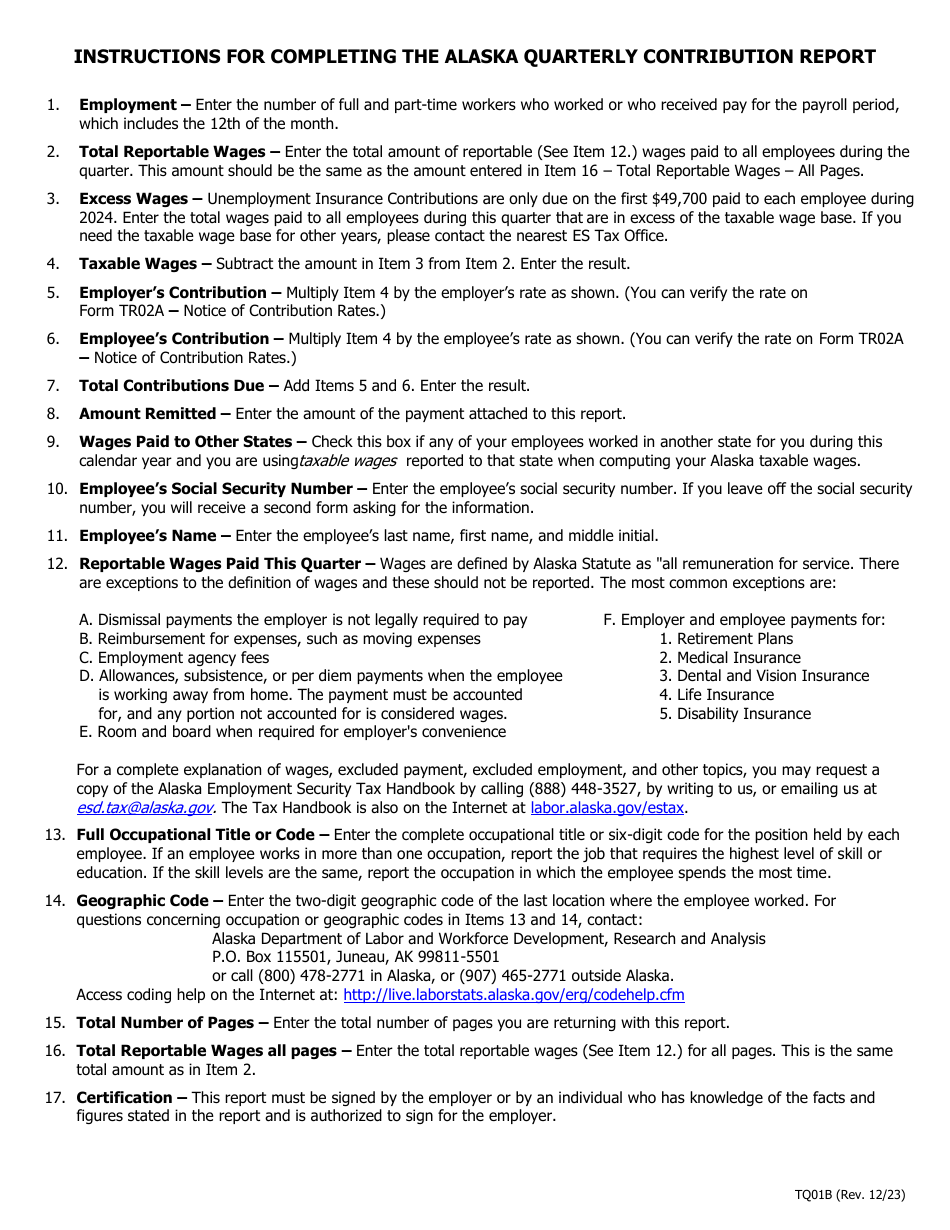 Instructions for Form TQ01C Alaska Quarterly Contribution Report - Alaska, Page 1