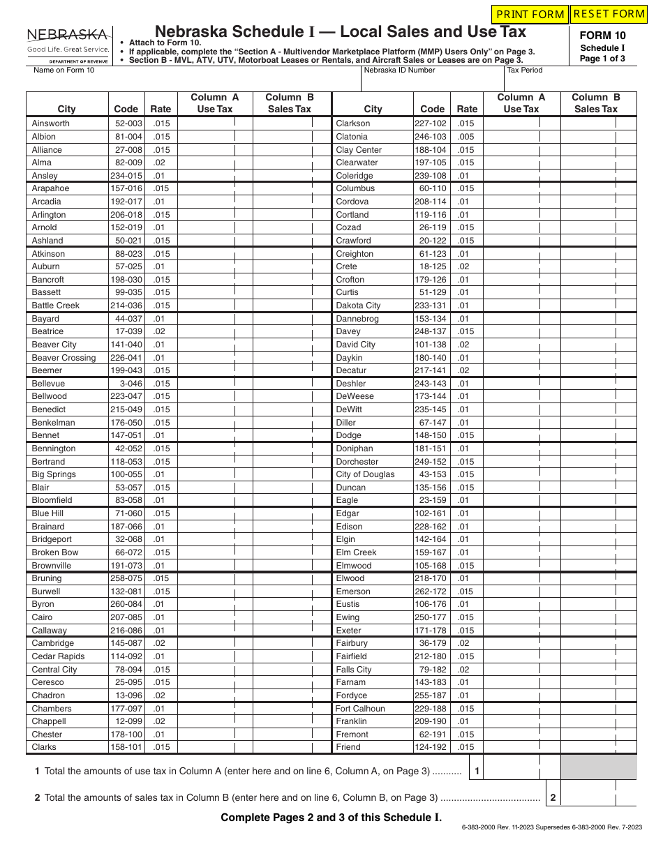 Form 10 Schedule I Download Fillable PDF or Fill Online Local Sales and