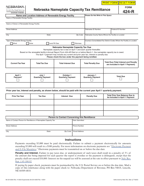 Form 424-R Nebraska Nameplate Capacity Tax Remittance - Nebraska