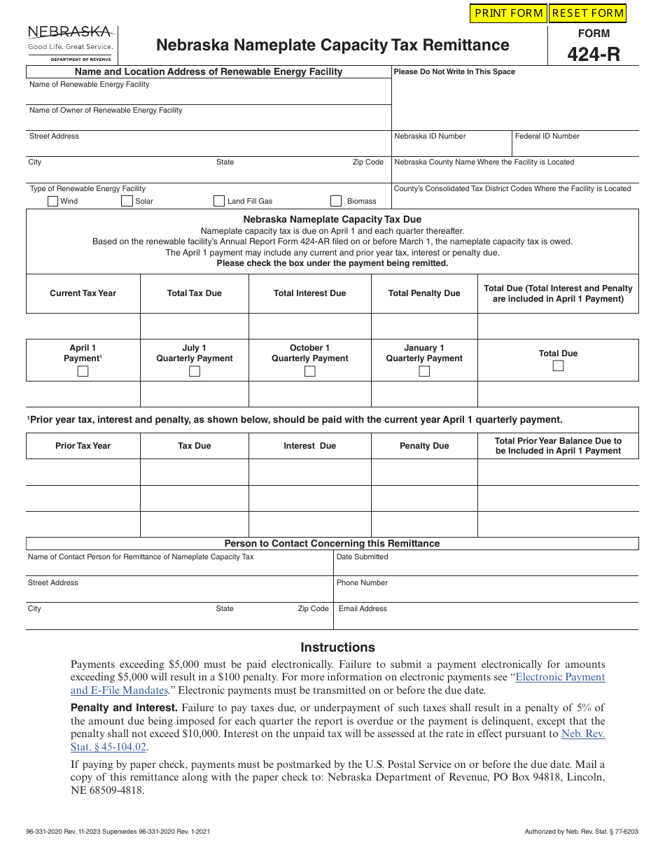 Form 424-R Nebraska Nameplate Capacity Tax Remittance - Nebraska, Page 1