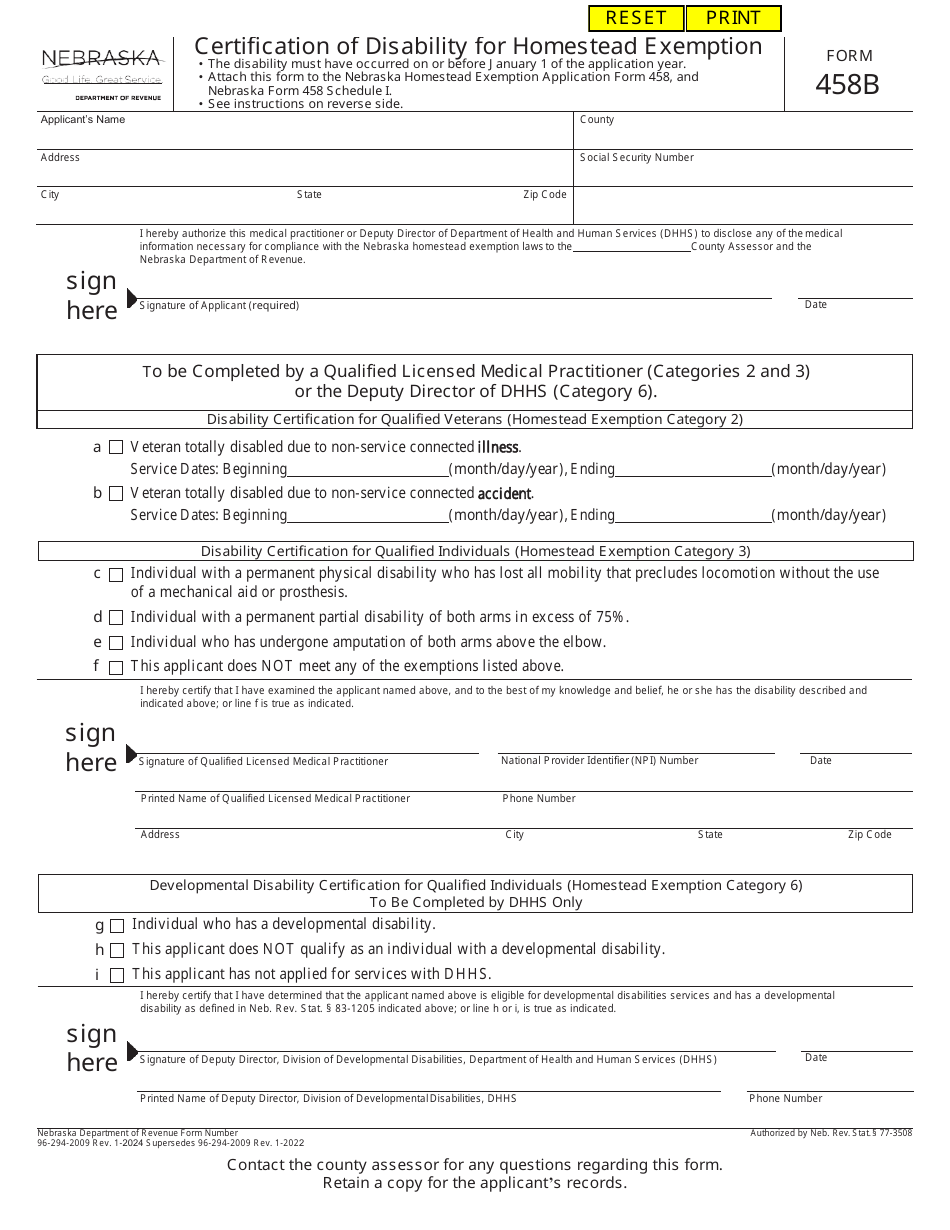 Form 458B Certification of Disability for Homestead Exemption - Nebraska, Page 1