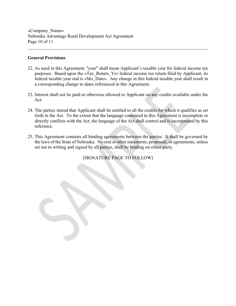 Nebraska Advantage Rural Development Act Agreement - Level 1 or Level 2 - Sample - Nebraska, Page 10