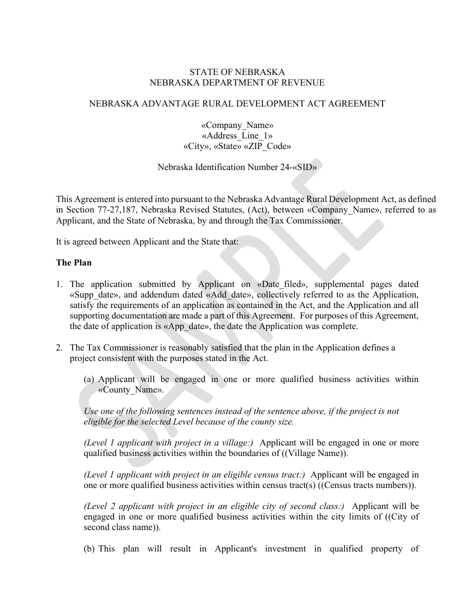 Nebraska Advantage Rural Development Act Agreement - Level 1 or Level 2 - Sample - Nebraska, Page 1