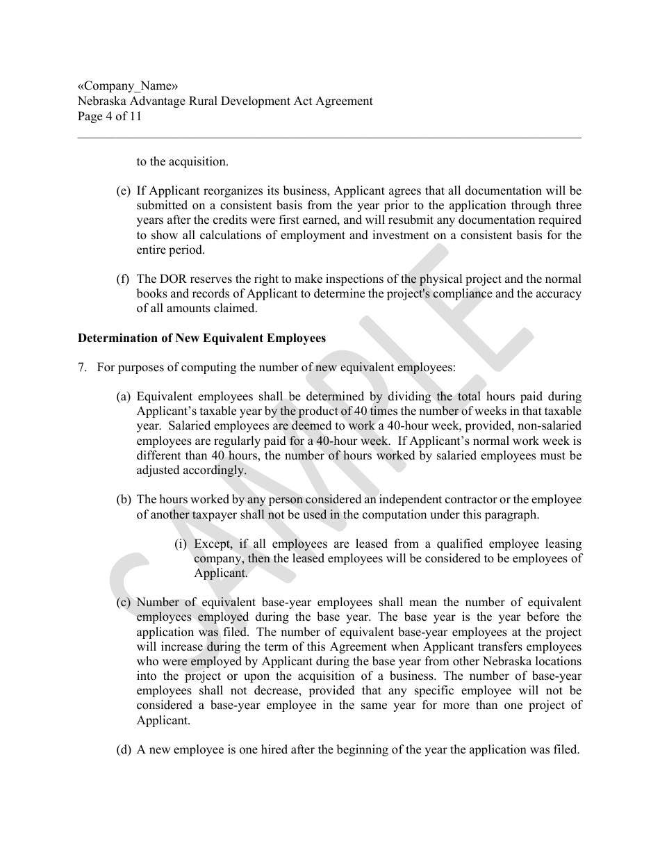 Nebraska Advantage Rural Development Act Agreement - Level 1 or Level 2 - Sample - Nebraska, Page 4