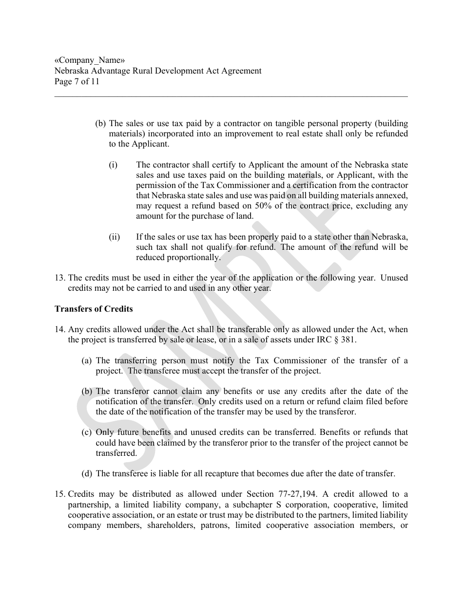 Nebraska Advantage Rural Development Act Agreement - Level 1 or Level 2 - Sample - Nebraska, Page 7