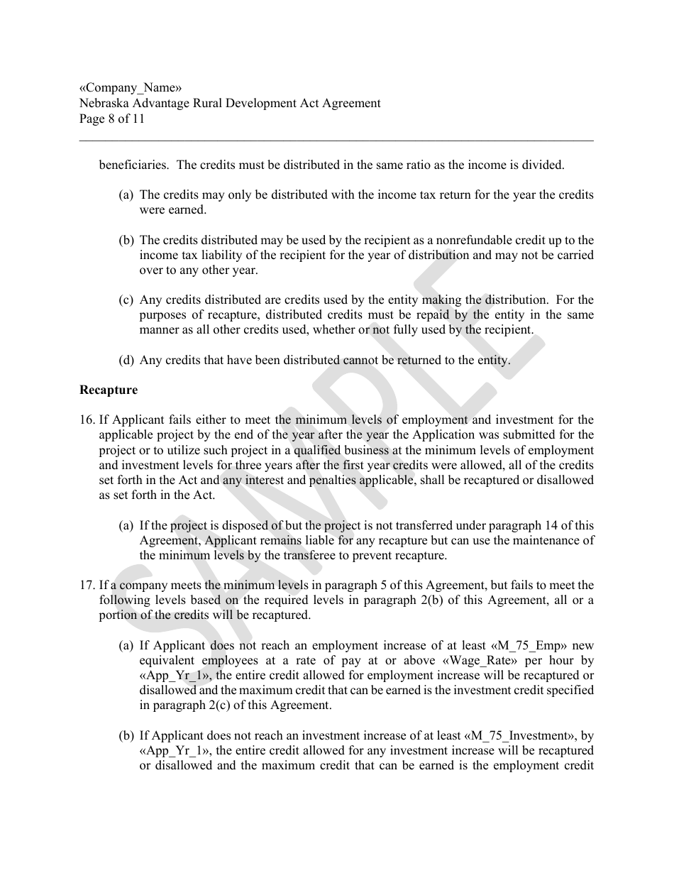 Nebraska Advantage Rural Development Act Agreement - Level 1 or Level 2 - Sample - Nebraska, Page 8