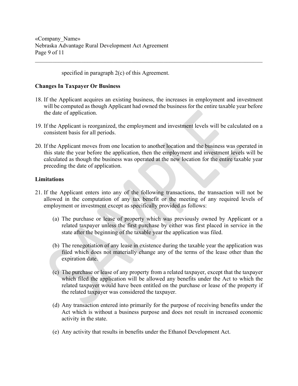 Nebraska Advantage Rural Development Act Agreement - Level 1 or Level 2 - Sample - Nebraska, Page 9