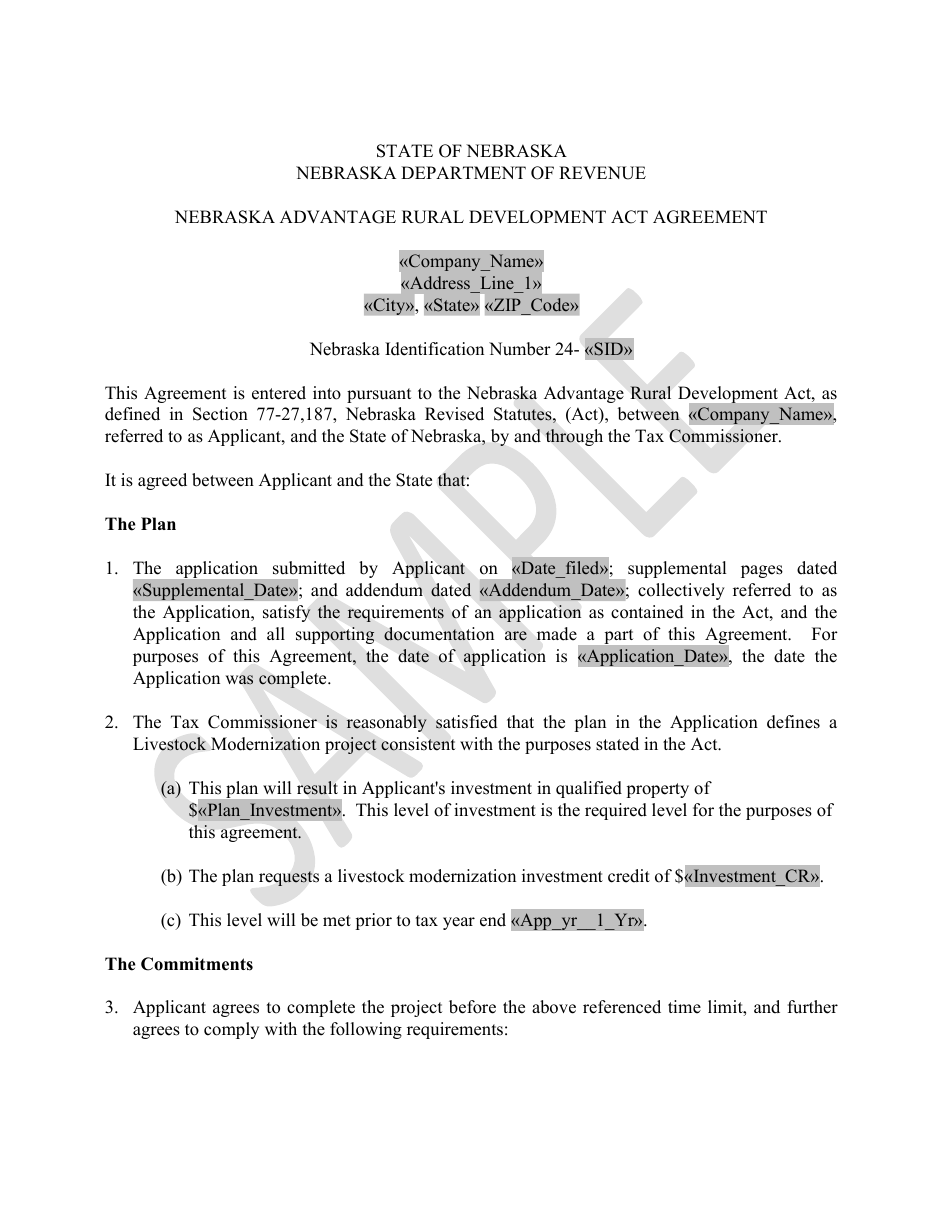 Nebraska Advantage Rural Development Act Agreement - Livestock Modernization - Sample - Nebraska, Page 1