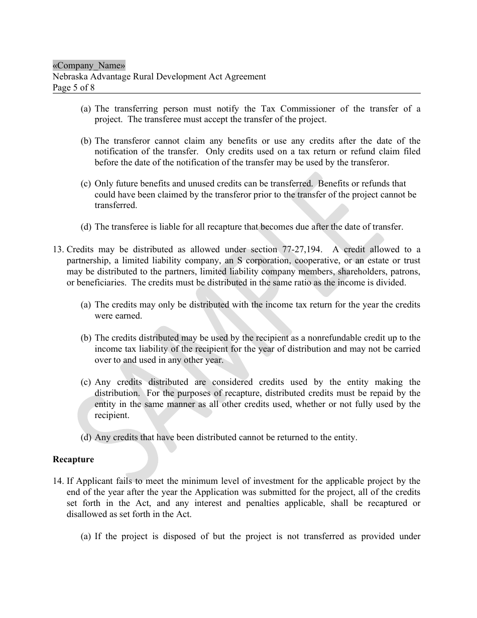 Nebraska Advantage Rural Development Act Agreement - Livestock Modernization - Sample - Nebraska, Page 5