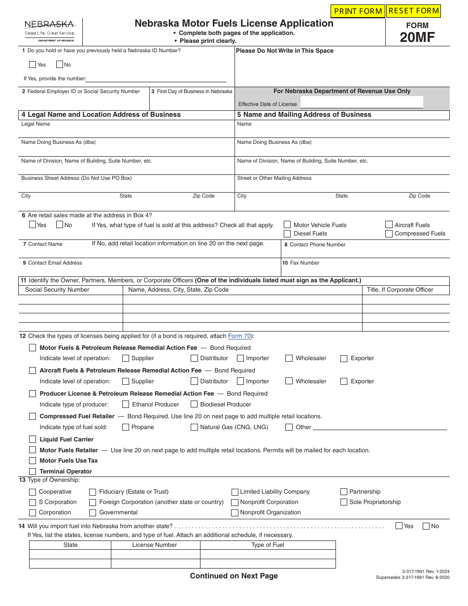 Form 20MF Nebraska Motor Fuels License Application - Nebraska, Page 1