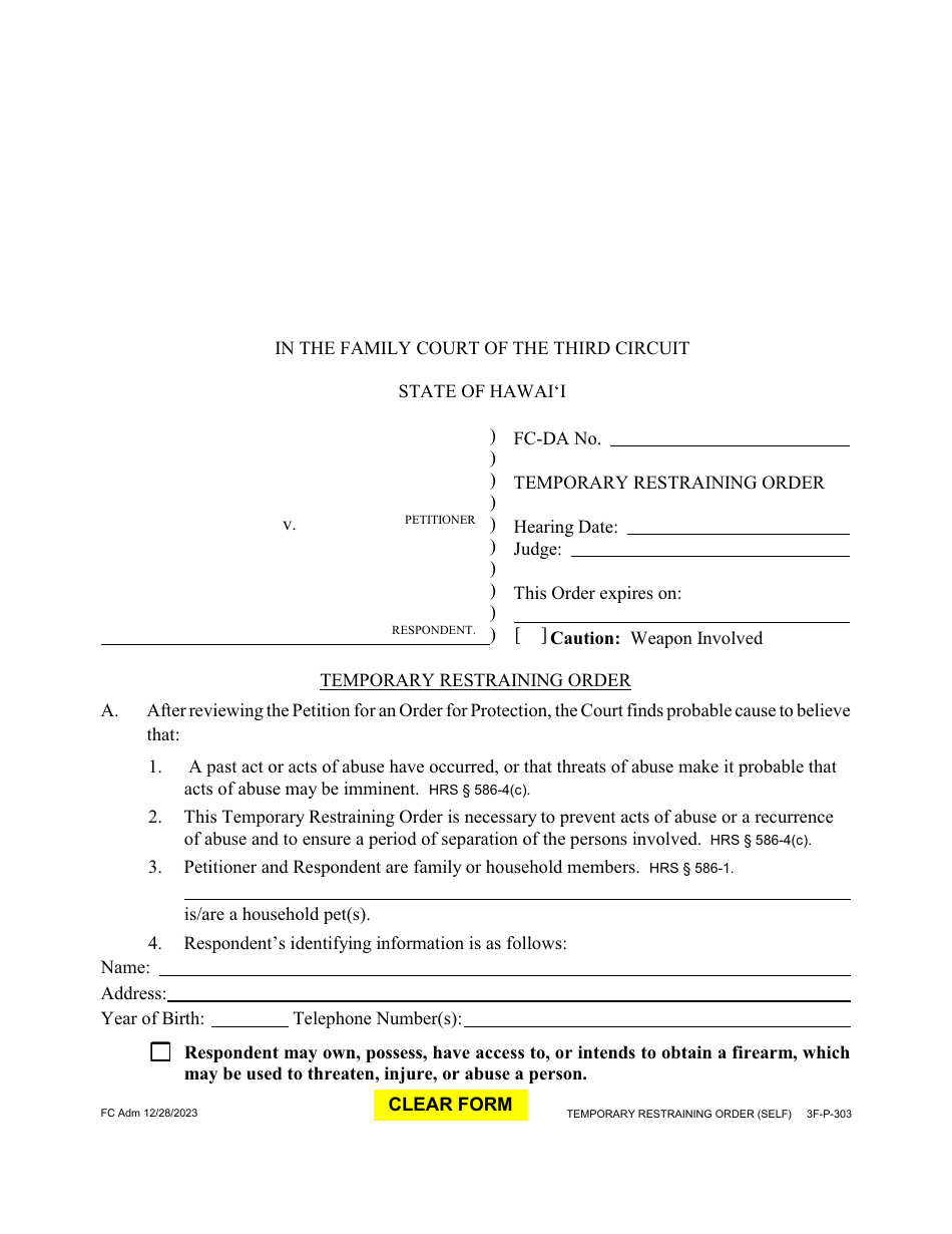 Form 3F-P-303 Temporary Restraining Order - Hawaii, Page 1