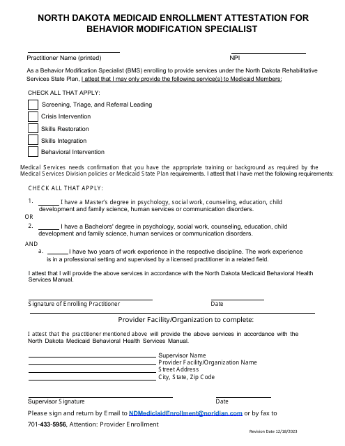 Medicaid Enrollment Attestation for Behavior Modification Specialist - North Dakota Download Pdf