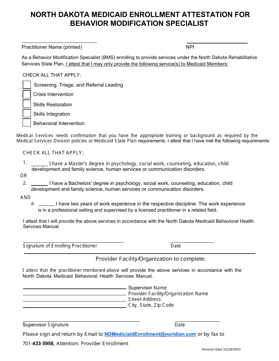 Medicaid Enrollment Attestation for Behavior Modification Specialist - North Dakota, Page 1