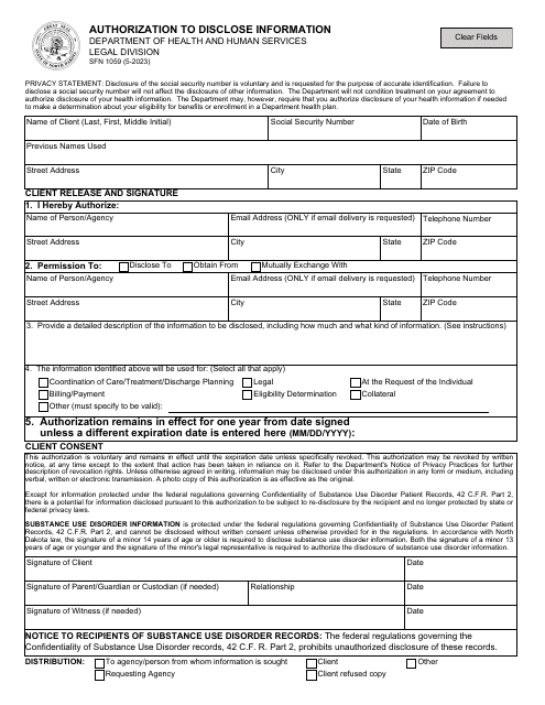 Form SFN1059 Authorization to Disclose Information - North Dakota