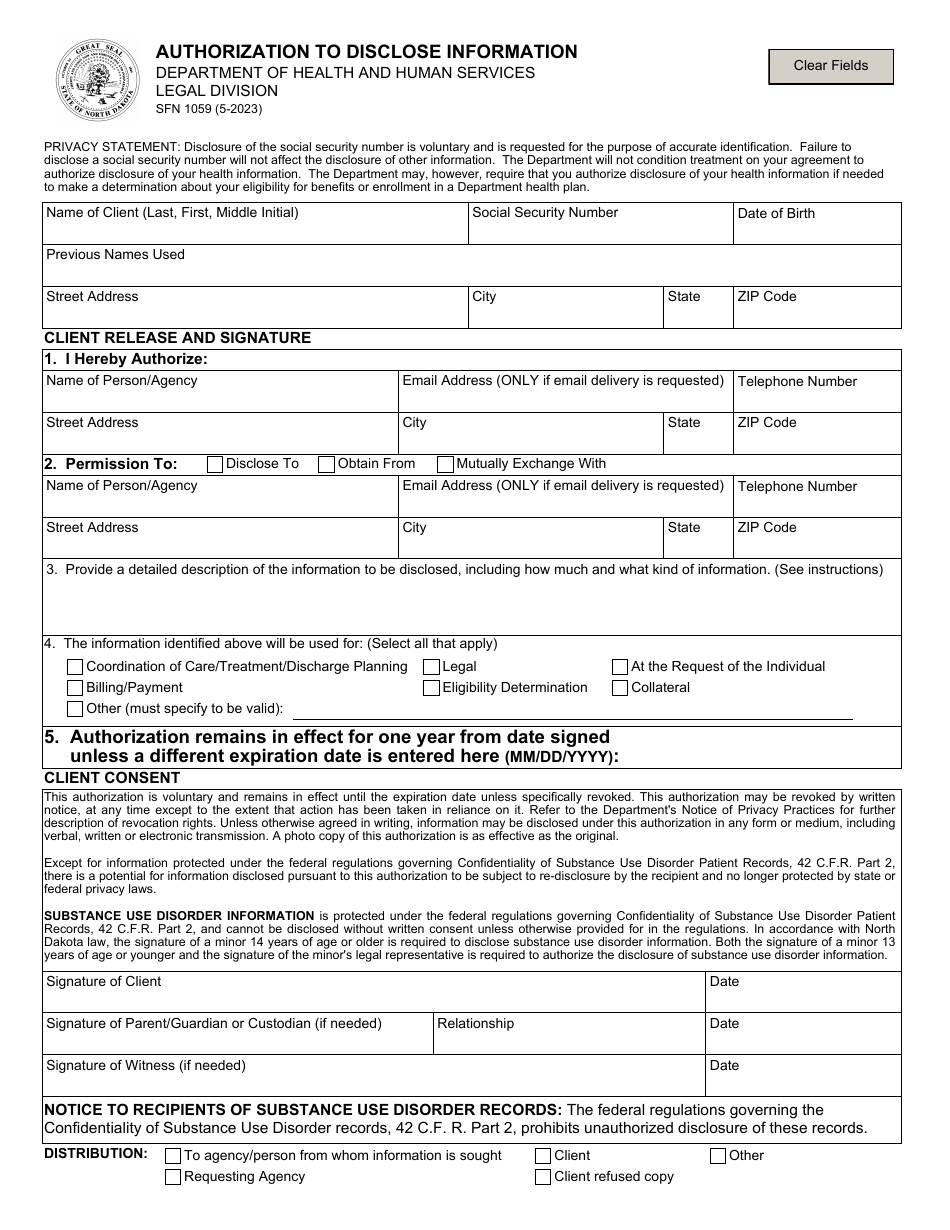 Form SFN1059 Authorization to Disclose Information - North Dakota, Page 1