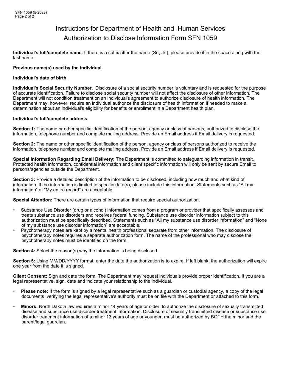 Form SFN1059 Authorization to Disclose Information - North Dakota, Page 2