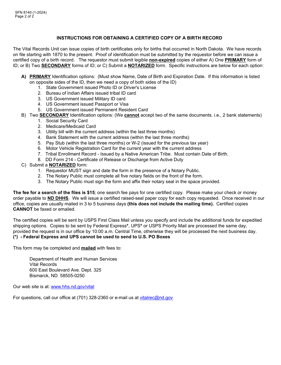 Form SFN8140 Request for Certified Copy of a Birth Record - North Dakota, Page 2