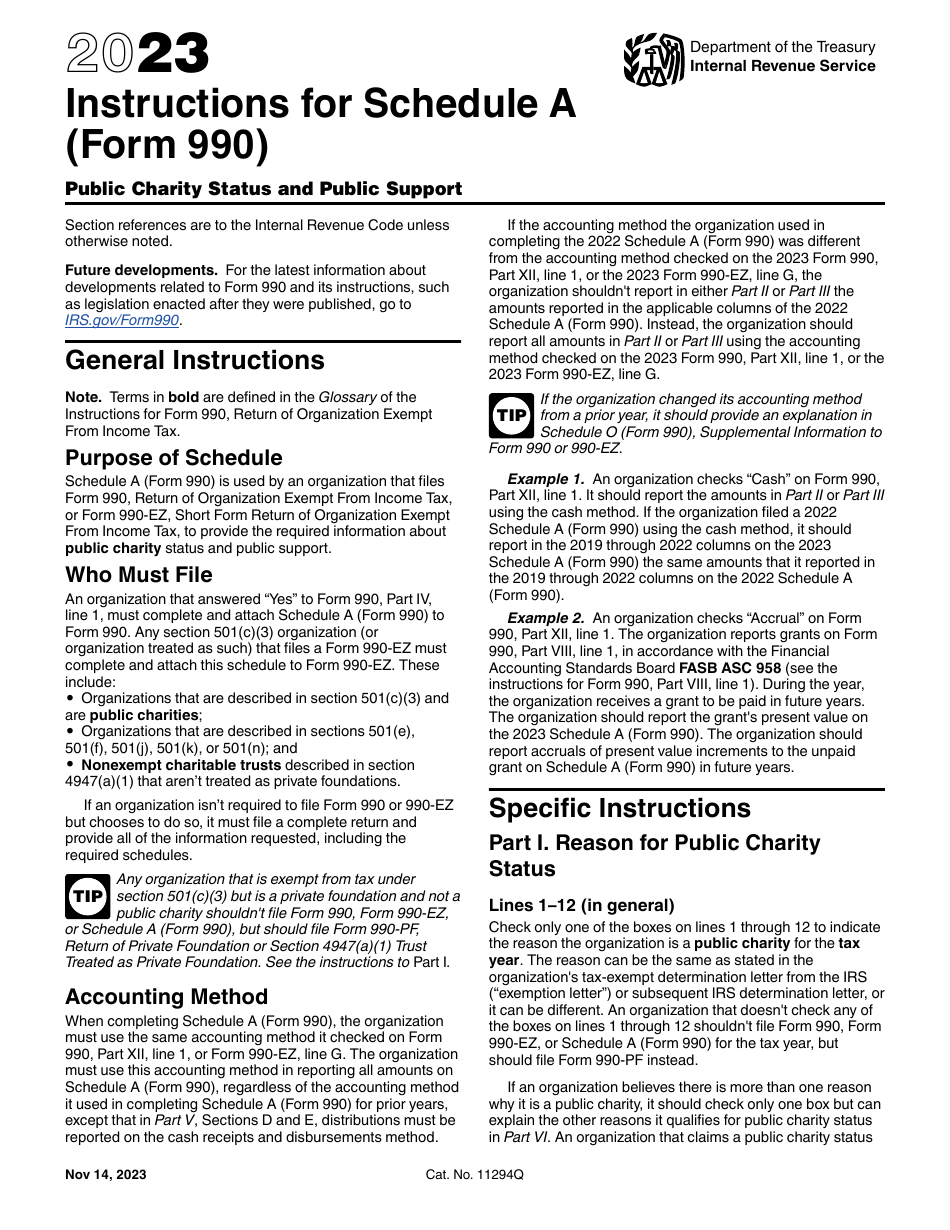 Instructions for IRS Form 990, 990-EZ Schedule A Public Charity Status and Public Support, Page 1