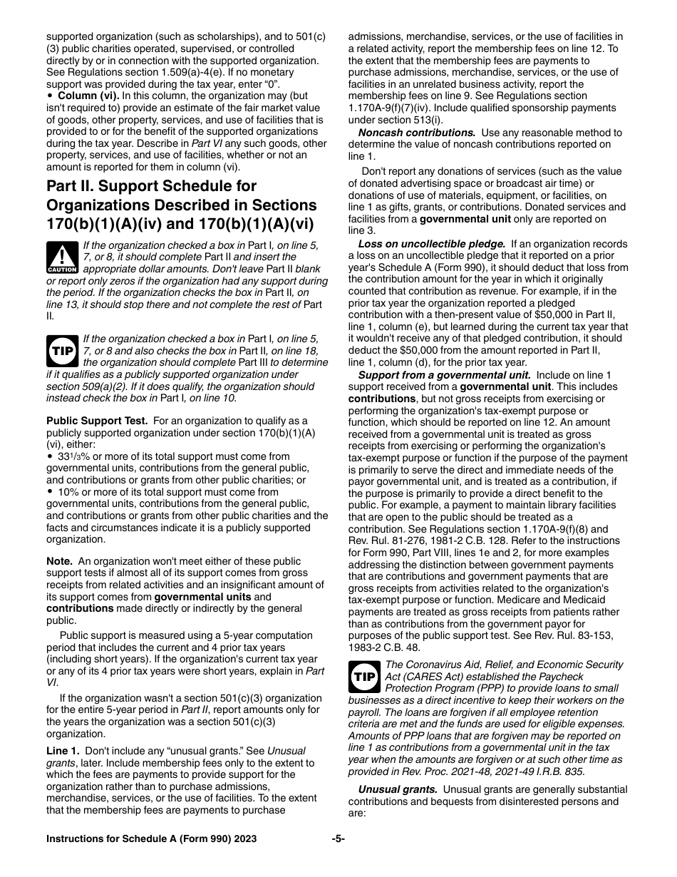Instructions for IRS Form 990, 990-EZ Schedule A Public Charity Status and Public Support, Page 5