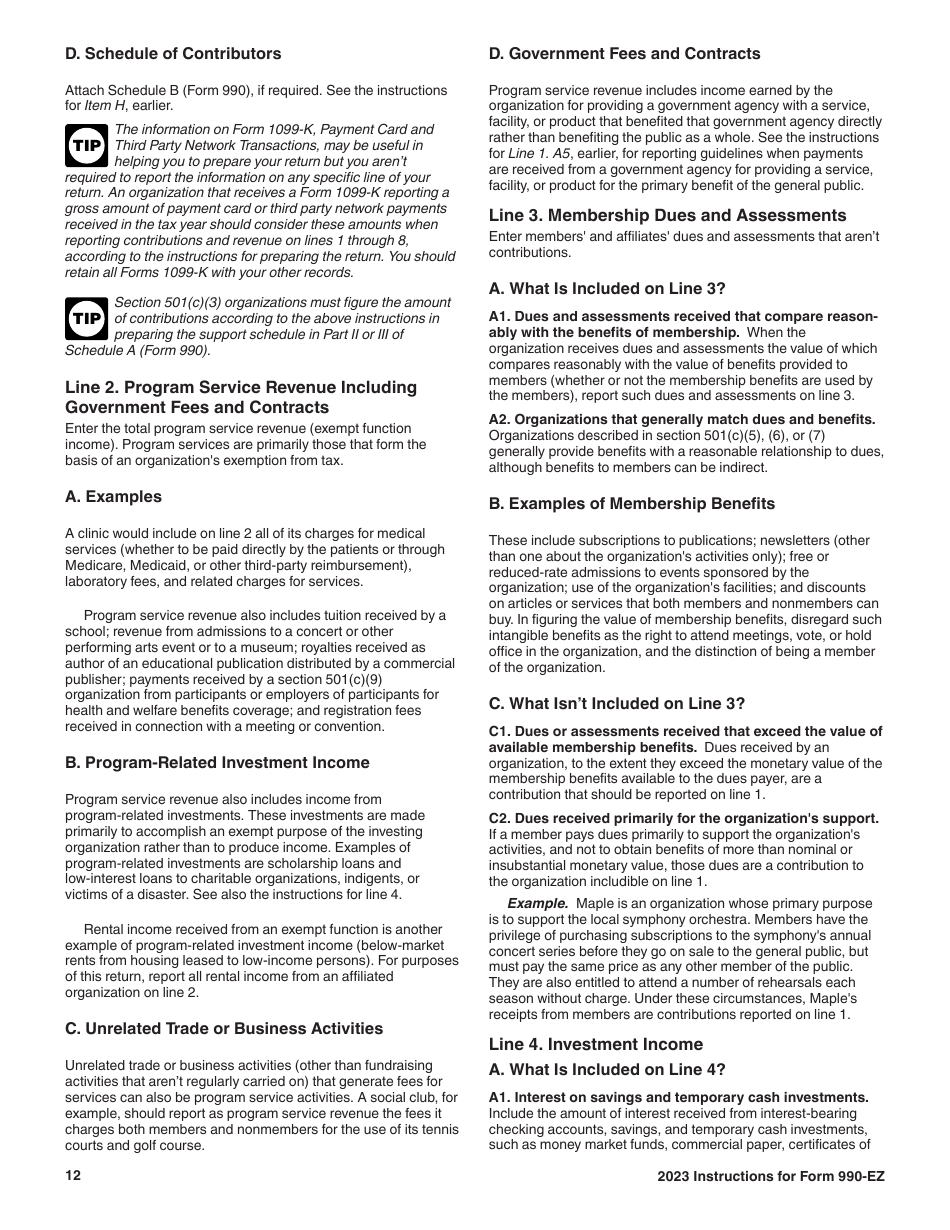 Instructions for IRS Form 990-EZ Short Form Return of Organization Exempt From Income Tax, Page 12