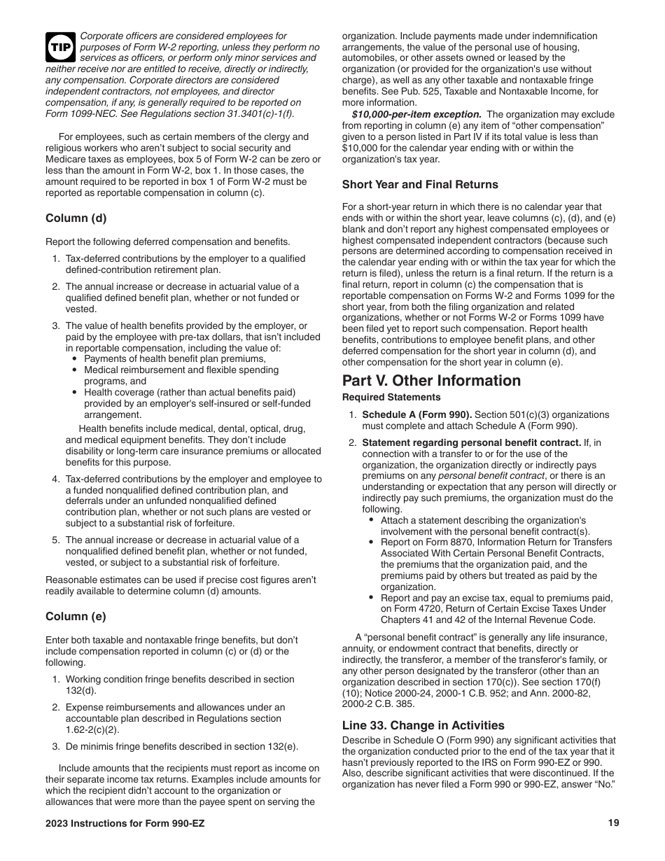 Instructions for IRS Form 990-EZ Short Form Return of Organization Exempt From Income Tax, Page 19
