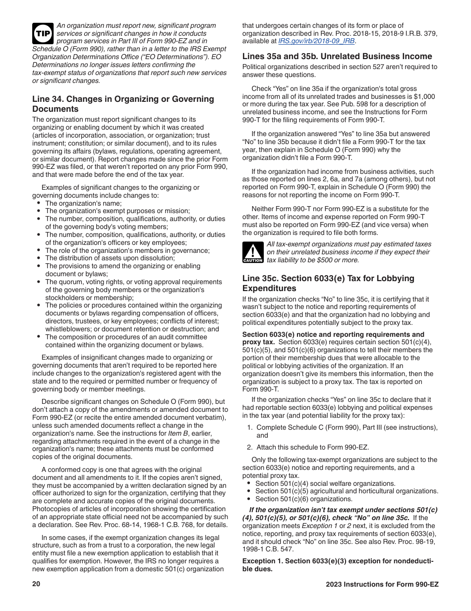 Instructions for IRS Form 990-EZ Short Form Return of Organization Exempt From Income Tax, Page 20